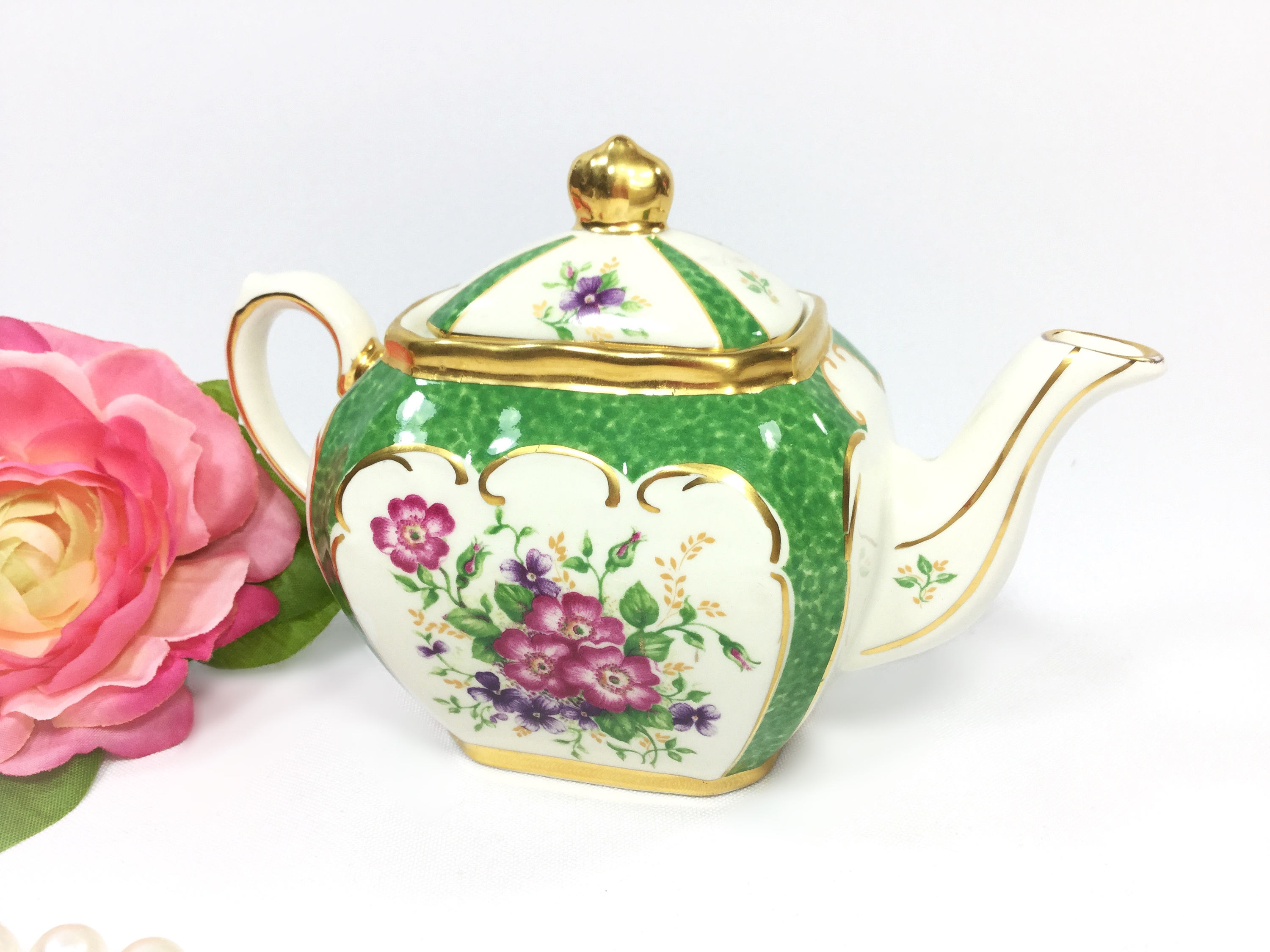 Green Cubed Sadler Heritage Teapot, Evesham 4736, Sadler English Floral