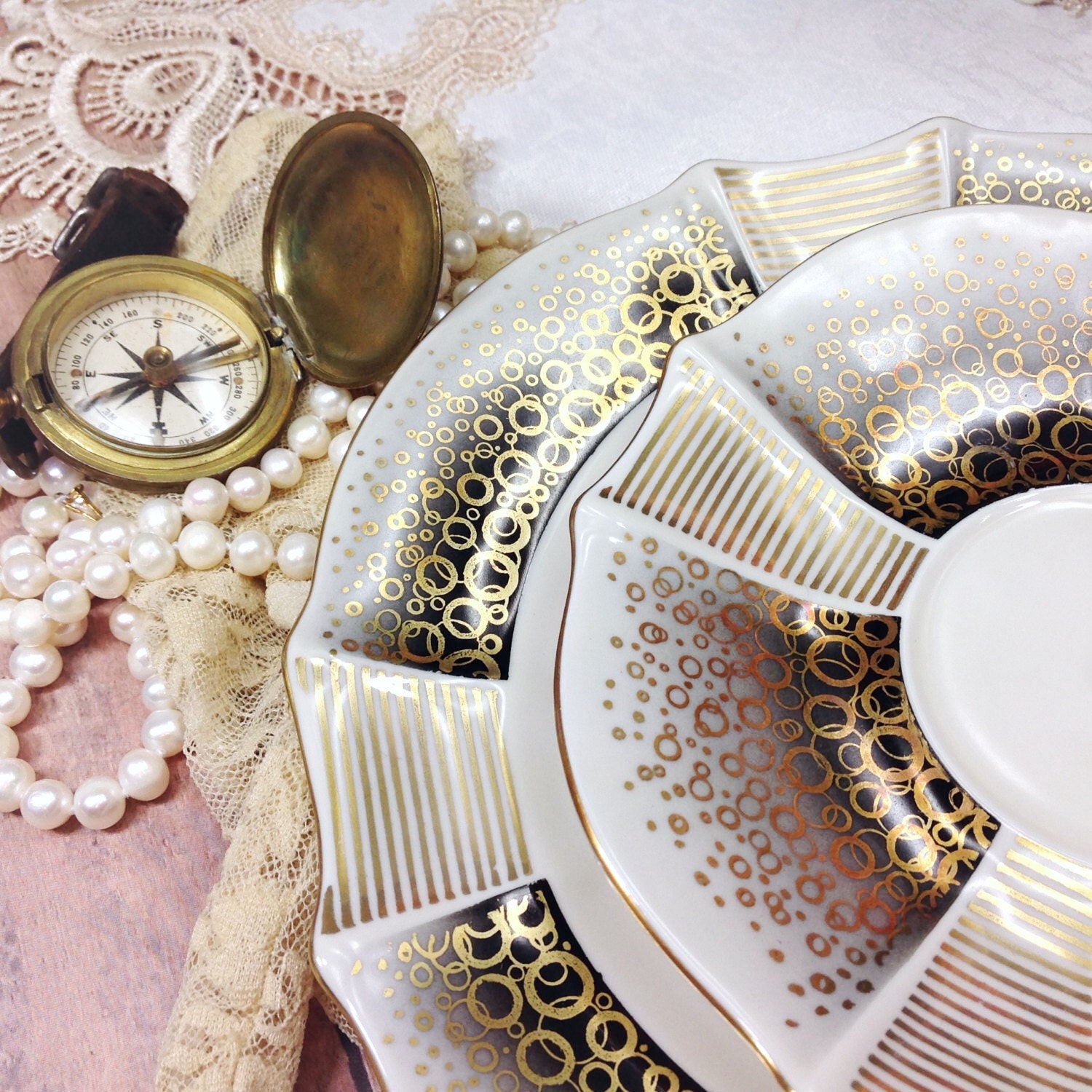 RESERVED Stunning Alka Bavaria 988 Gold Black White Modern Tea Set Trio