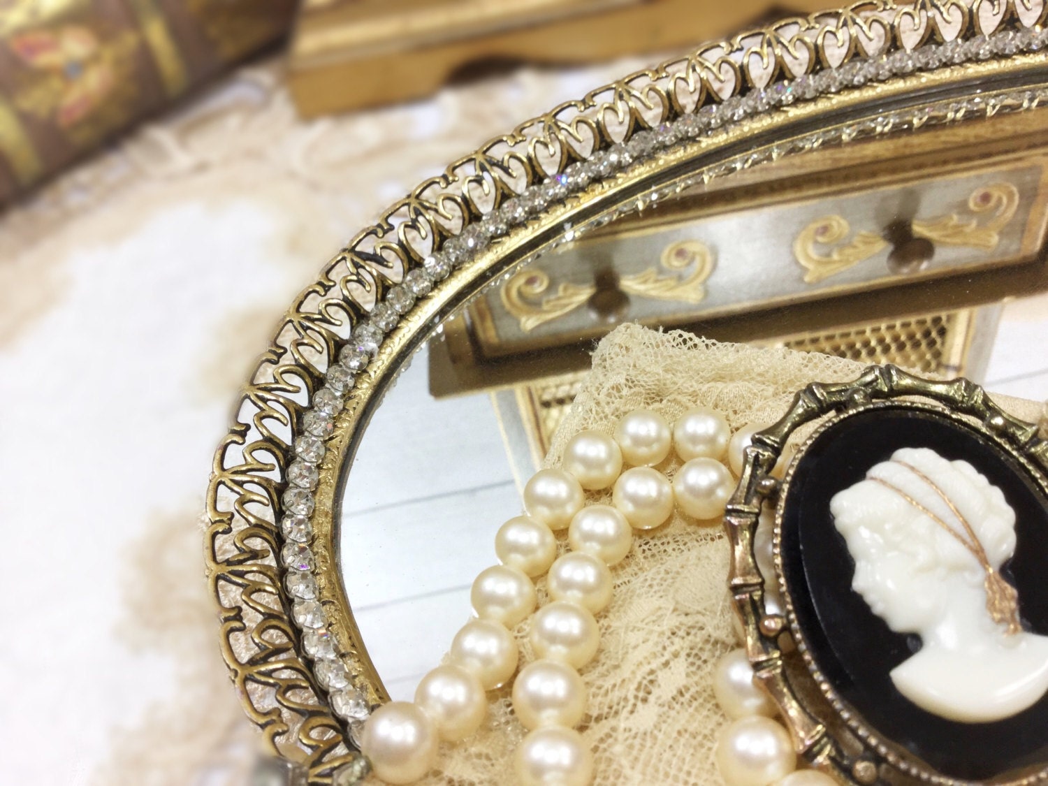 Vintage Rhinestone Gold Filigree Vanity Mirror Tray Dresser