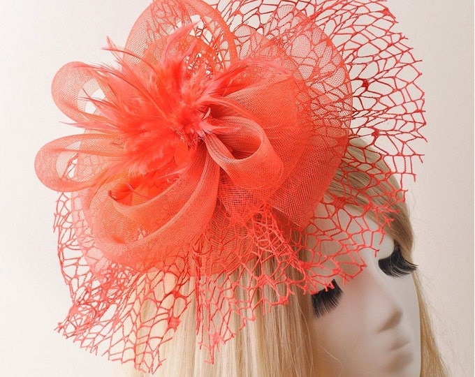 Red Feather Fascinator Hair Clip, Handmade Sinamay Tea Hat Headpiece #499