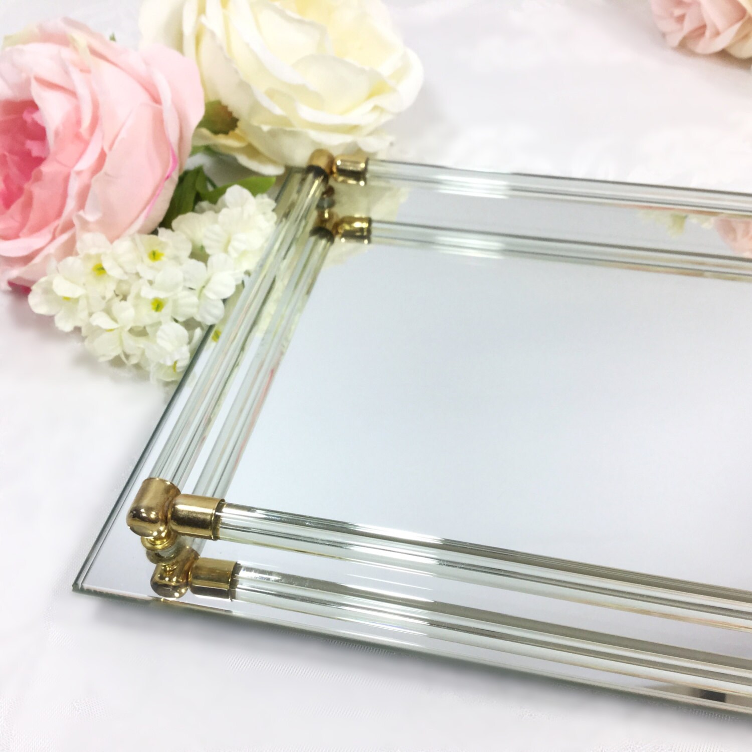 Rectangle Gold Bar Vanity Mirror Tray Antique Dresser Vanity, Boudoir