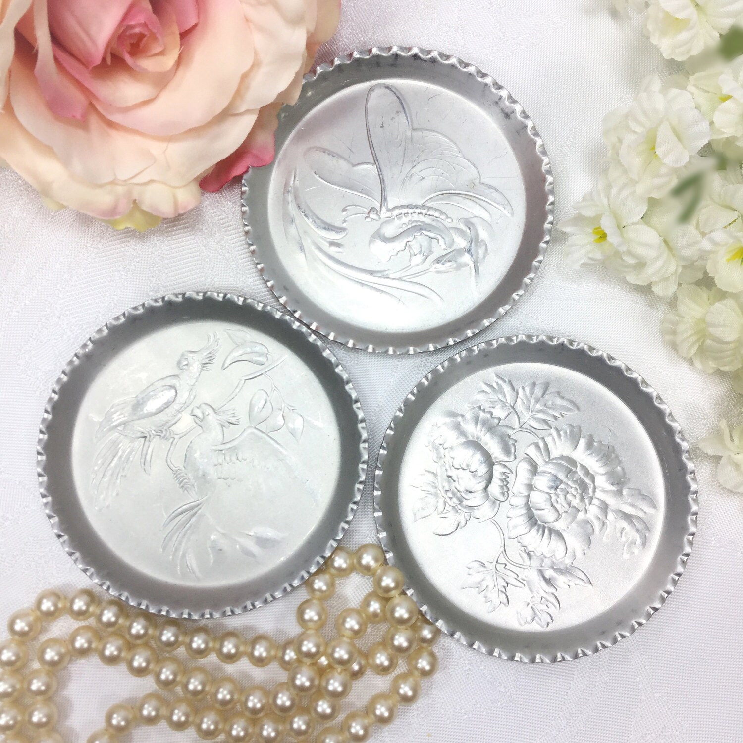 Set of 12 Tin Coasters, Aluminum Coasters, Vintage Coasters, Pewter