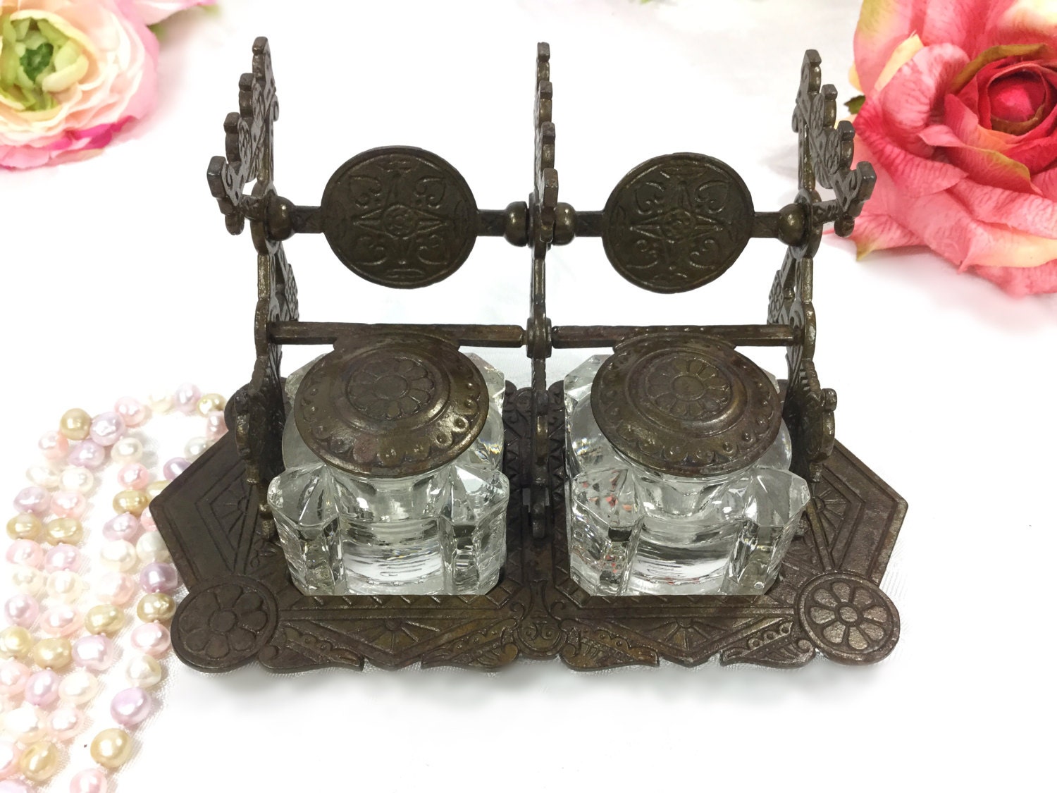 Antique Judd Cast Iron Double Inkwell Set, 1879 Judd Cast Iron Double