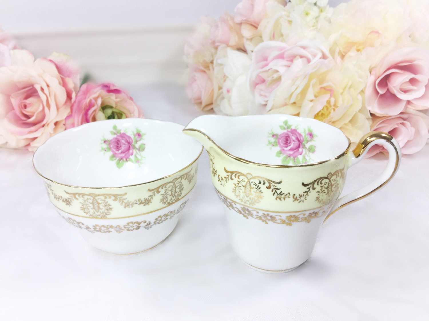 Yellow Gilt Balfour English Sugar Bowl & Creamer, Floral Gold Filigree