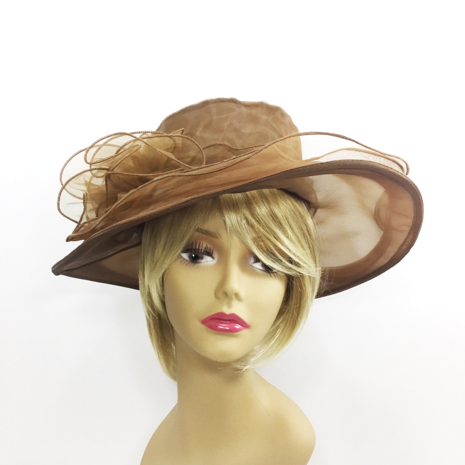 Elegant Ladies Sheer Brown Coffee Tea Party Hat Summer Hat Dress Up