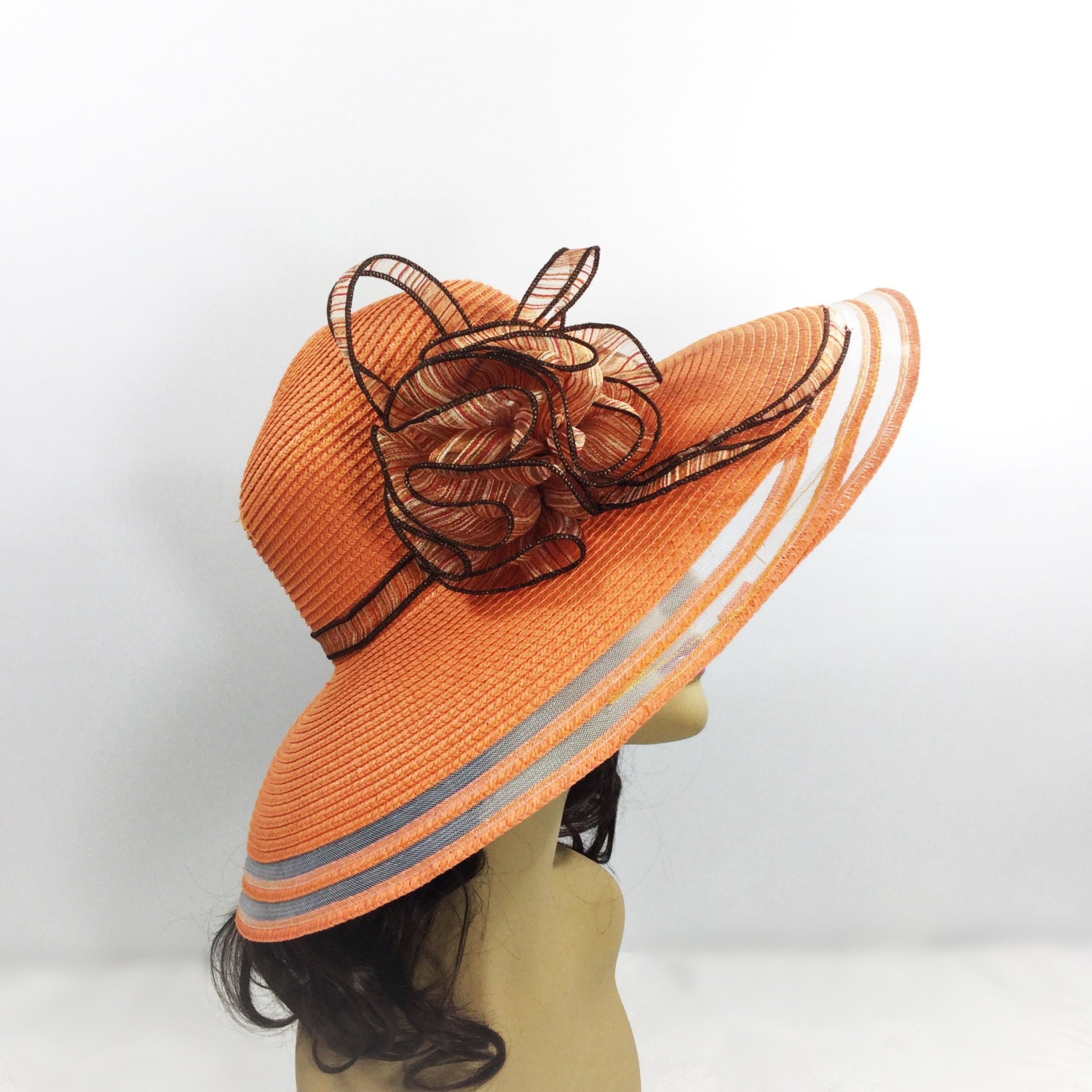 Chic Ladies Orange Ribbon Tea Party Hat, Summer Hat, Dress Up Hat