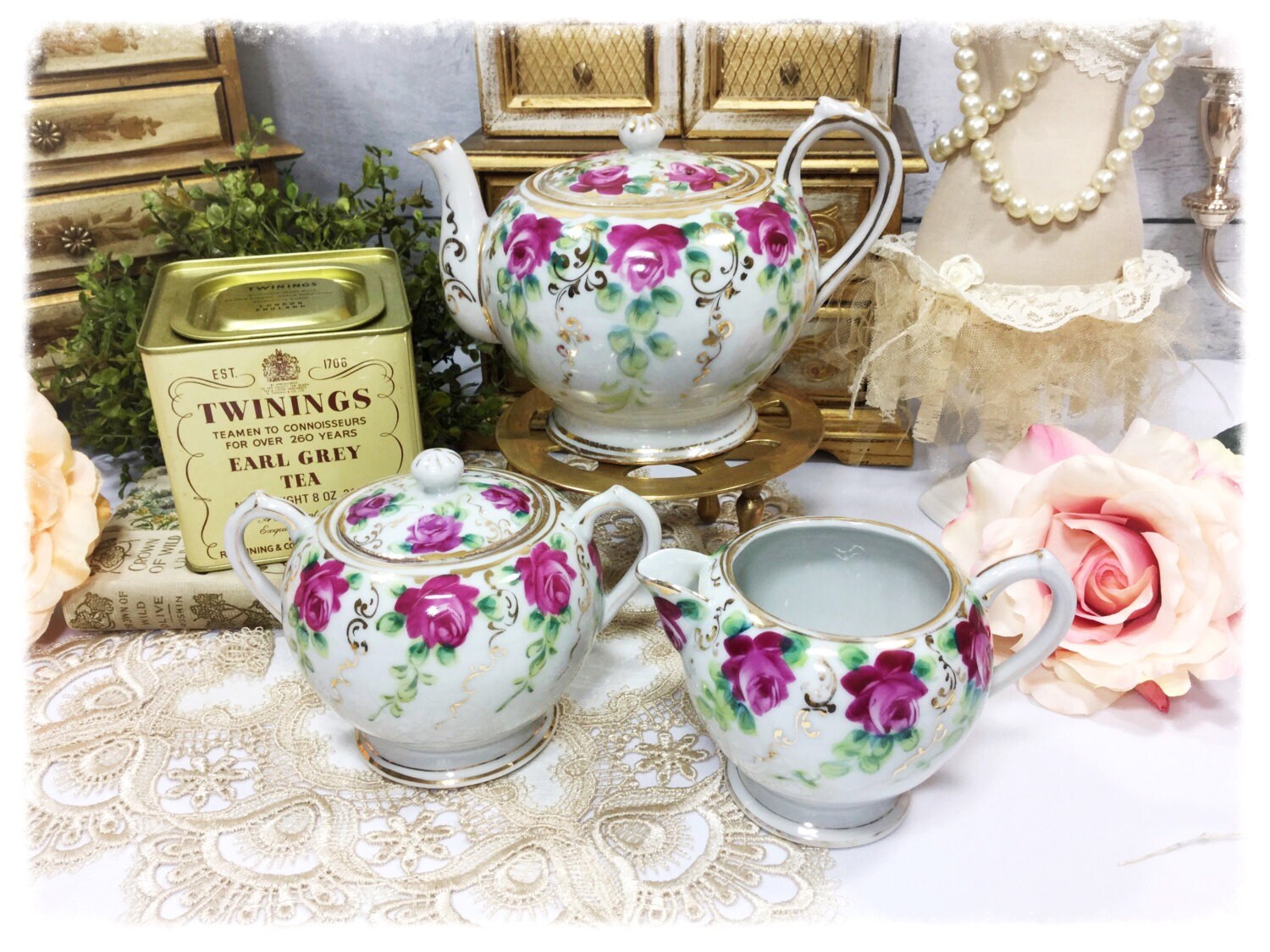 3 Piece Pink Floral English Teapot Set, Teapot, Creamer & Covered Sugar