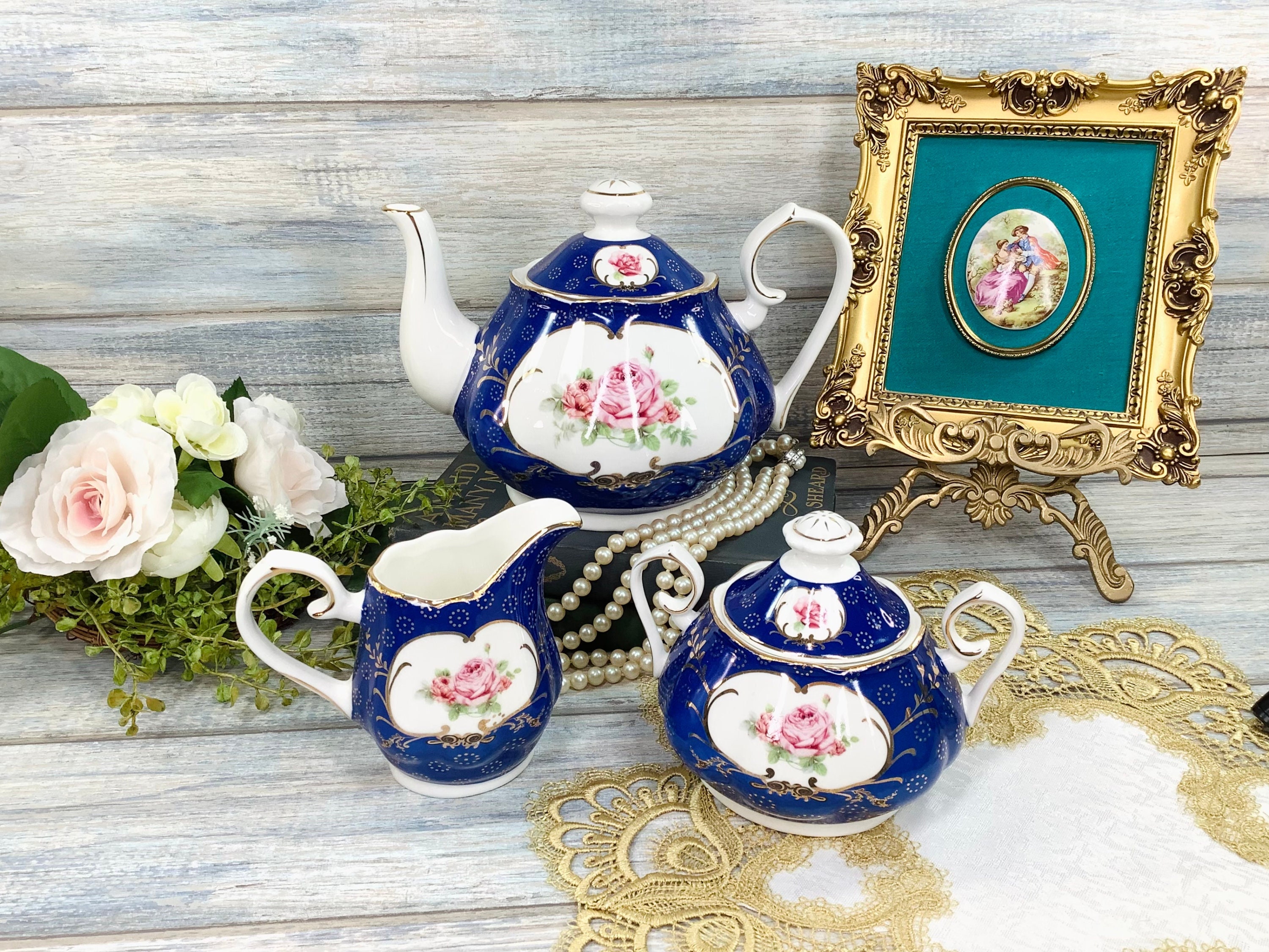 3 Piece Blue Tea Set, Blue Rose Teapot, Creamer & Covered Sugar