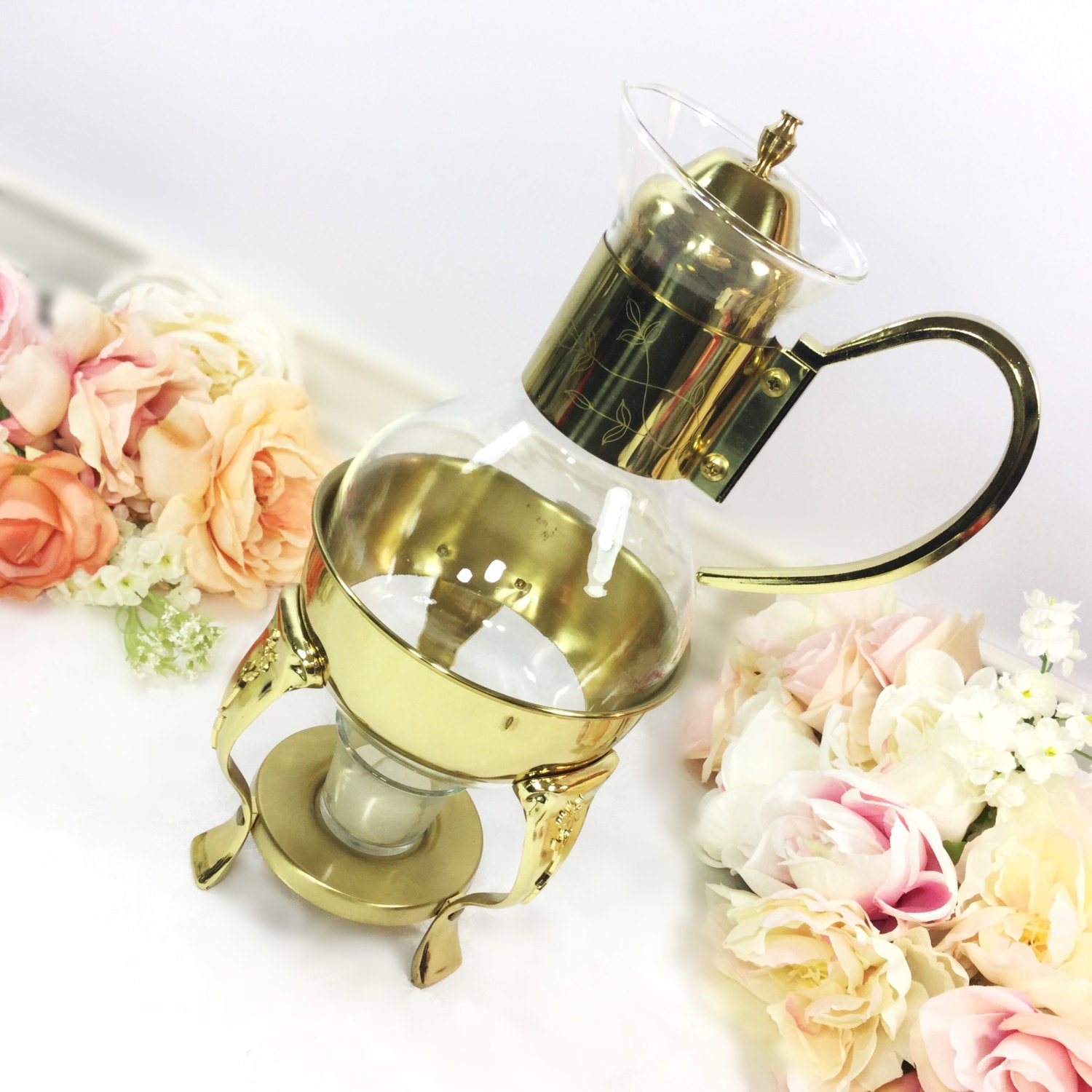 Vintage Gold Glass Coffee Carafe Warmer, Tea Glass Carafe Warmer