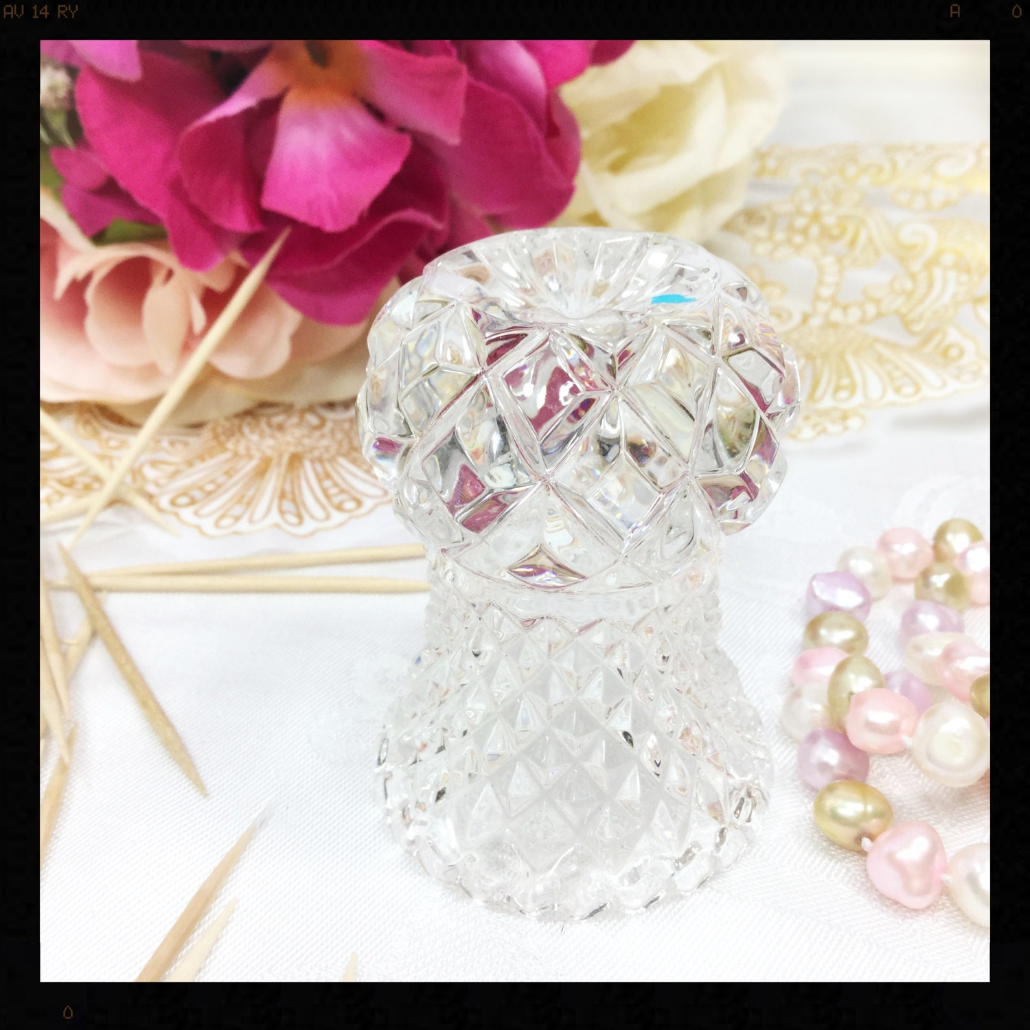Vintage crystal toothpick holder crystal bud vase diamond cut glass a706
