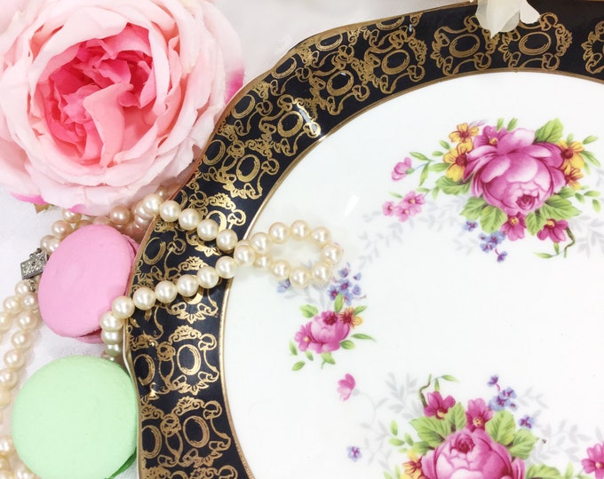 22kt Gold Imperial Bone China Cake Plate, Floral Chintz Serving Platter, English Collectible #A311