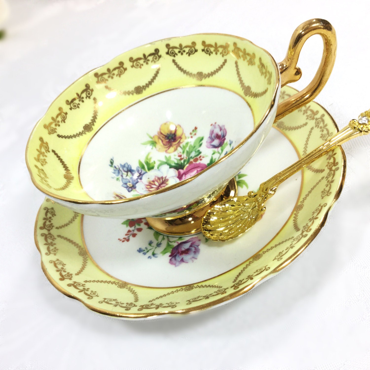 Regency Yellow Tea Cup & Saucer, English Fine Bone China Tea Set, for Wedding, Shower, Tea Time