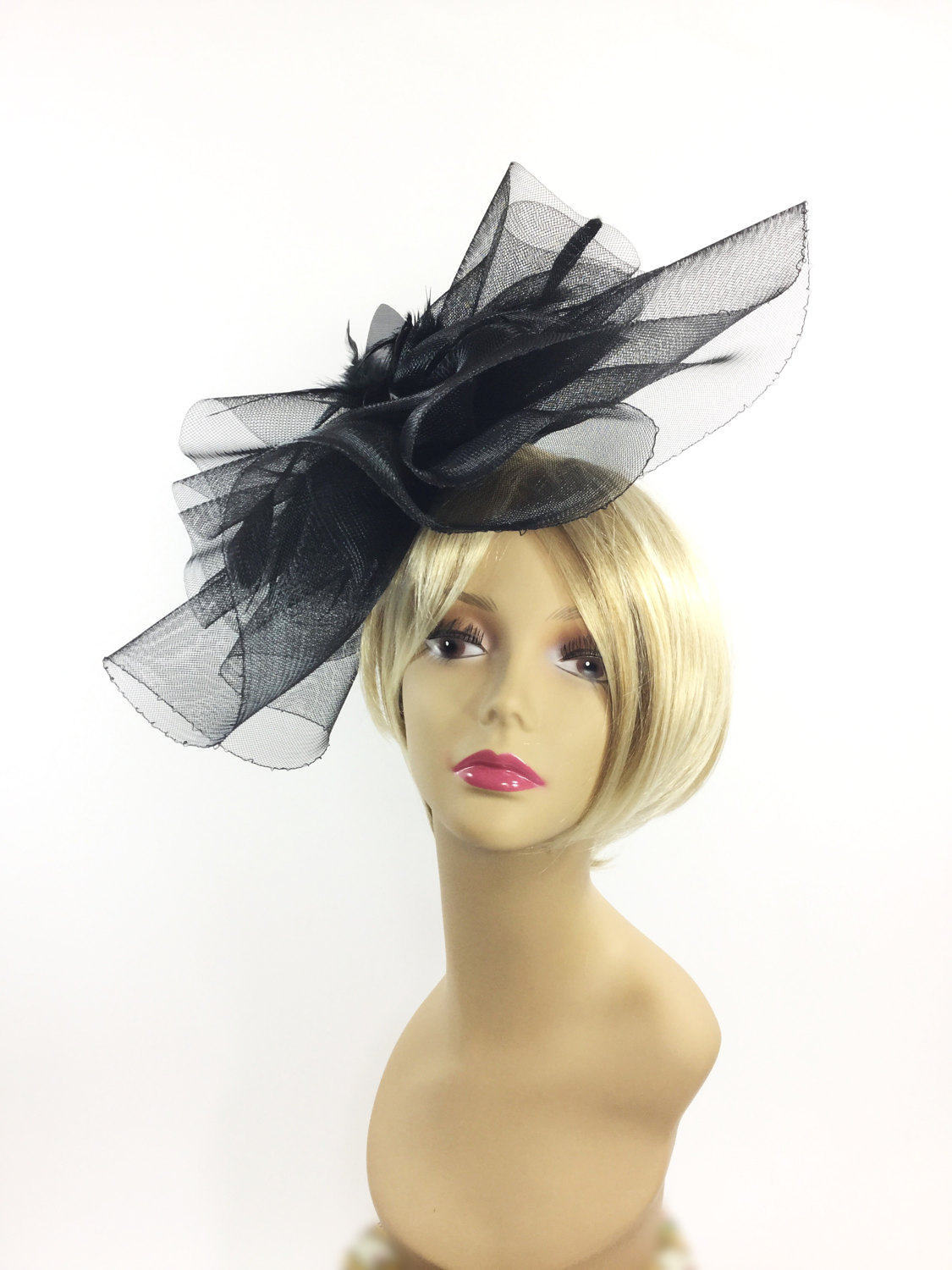 Large Elegant Ladies Black Sinamay Hat, Black Fascinator, Black Tea