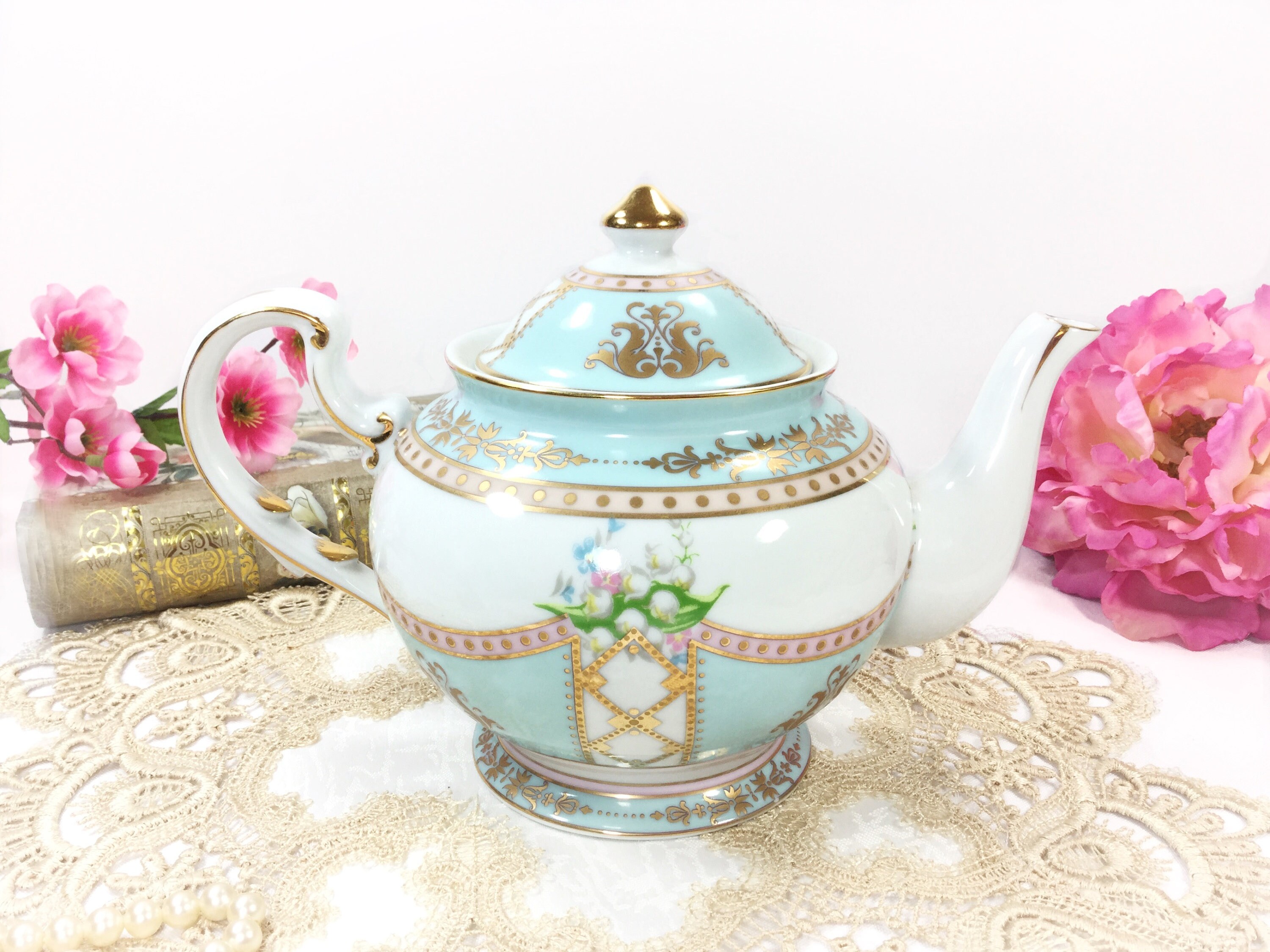 Royal Danube Blue Floral Teapot, Blue Gilt Teapot For Tea Set