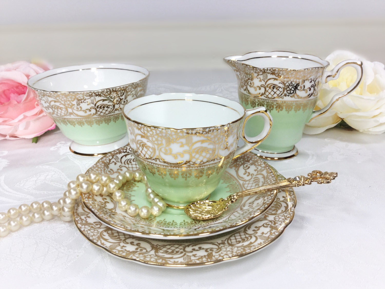 Mint Green English Royal Stafford Sugar Bowl & Creamer, Gold Filigree