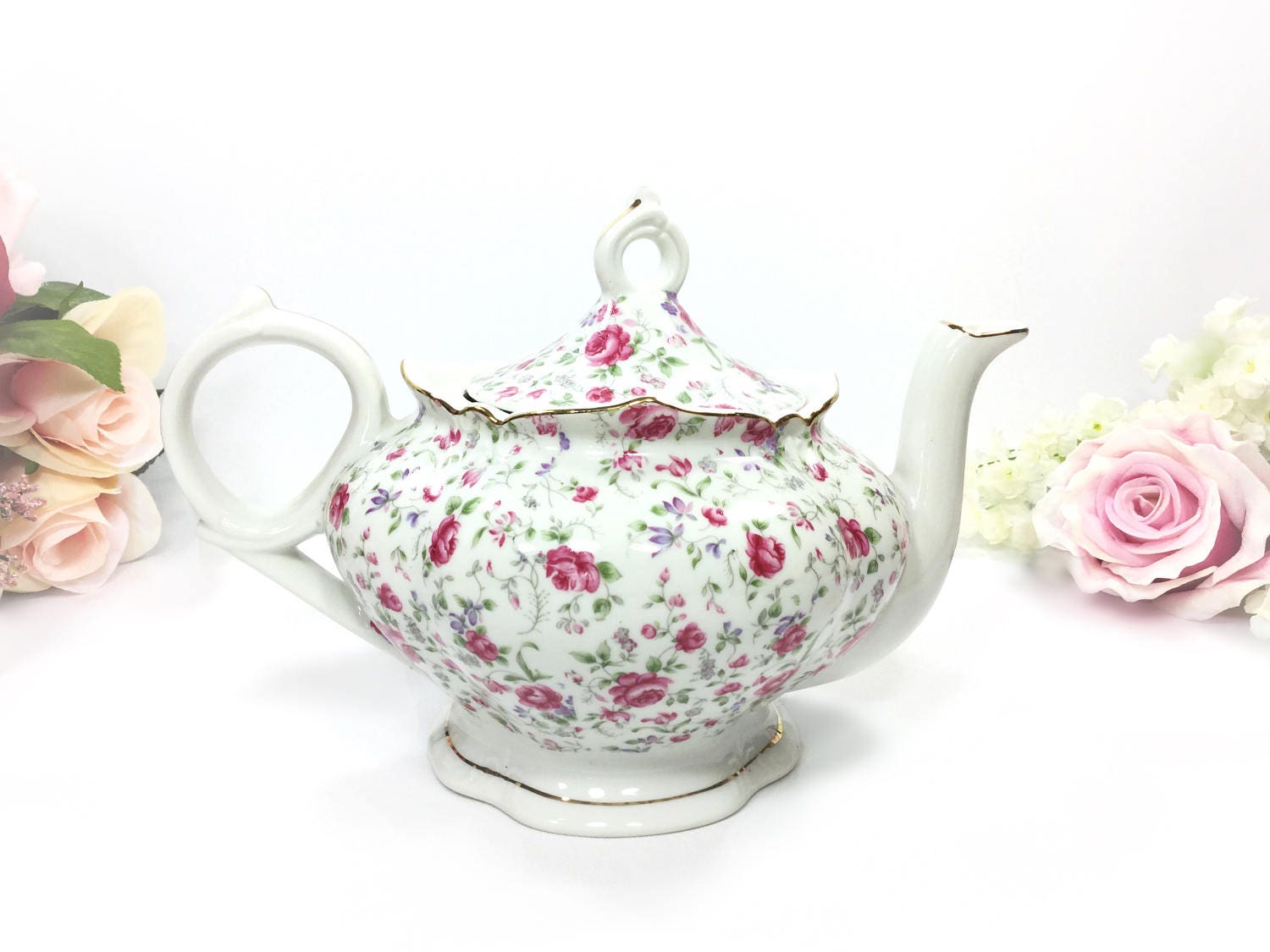 Lefton Rose Chintz Musical Teapot, Lefton Chintz Teapot Perfect for Tea