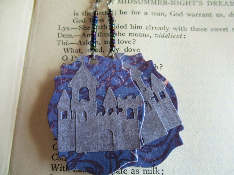 Ephemeral Earrings: Fairytale Castle Paper Statement Earrings. Purple, Diecut, Game of Thrones, Glass Beads. Enchanted Princess Gift for Her 