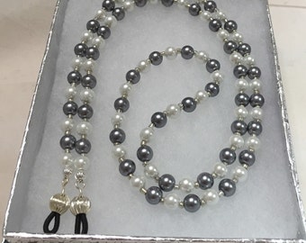 Pearl Eyeglass Chain. Gray/Grey and White Women's Glasses Holder Necklace Lanyard. Gifts for Her. Coworkers. Boss. Birthday. Mother's Day