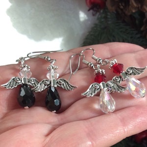 Angel Earrings. Set of Two Pairs. Black Angel Earrings. Crystal Angel Earrings. Christmas Earrings. Jewelry of Faith. Biblical Religious