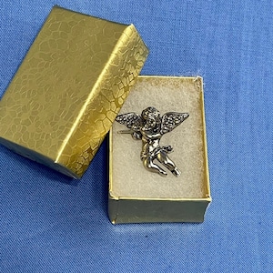 Cherub Angel with Flute Tie Tac. Vintage Silver Tone Faux Marcasite Scatter Pin, Tie Tac, Lapel Pin. Gift Boxed
