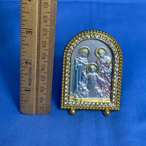 Holy Family Icon: Tin Repousse, Rhinestone Gold Tone Frame