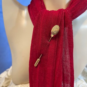 May include: A gold-toned oval brooch with a letter 'D' engraved on it, attached to a gold-toned pin. The pin is pinned to a red scarf.