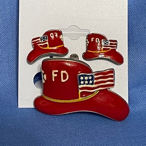 Fireman’s Helmet Stud Earrings and Matching Brooch/Pendant Set. Gift Boxed