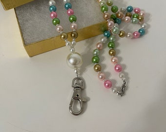 Multi Color Pearl Beaded Lanyard made with SOLF FLEX Break Resistant Wire. 36” Name Tag Work Badge Holder. Gift Boxed