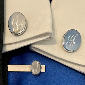 Initial “A” Cufflinks and Matching Tie Clip. Silver Tone Personalized Monogram Jewelry. Father’s Day Gift for Groom Graduate. Gift Boxed