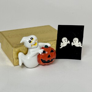 Halloween Ghost Brooch and Earring Set: Pumpkin Jack O&#39; Lantern