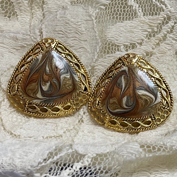 Edgar Berebi Pierced Earrings with Posts for Pierced Ears. Designer Signed Open Work Tan/Gold/Olive Enamel. Gift Boxed