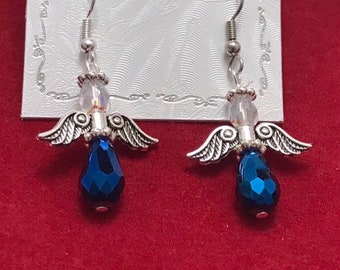 Sapphire Blue Crystal Angel Earrings: Colon Cancer Awareness