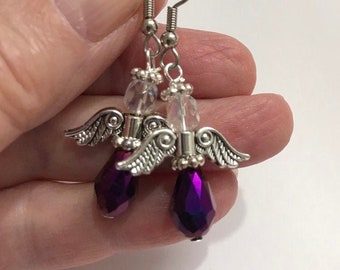 Purple Crystal Angel Earrings: Pancreatic Cancer Awareness
