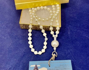 White Pearl Lanyard, Beaded Badge Holder, Gift Boxed