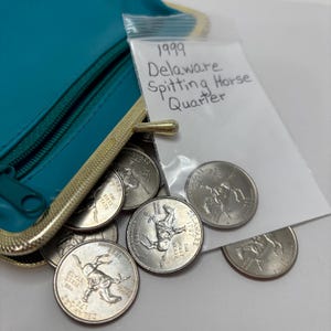 Może przedstawiać: Kolekcja srebrnych monet Delaware State Quarter, z motywem plującego konia, wysypujących się z turkusowej portmonetki. Widoczna jest również mała torebka z napisem "1999 Delaware Spitting Horse Quarter".