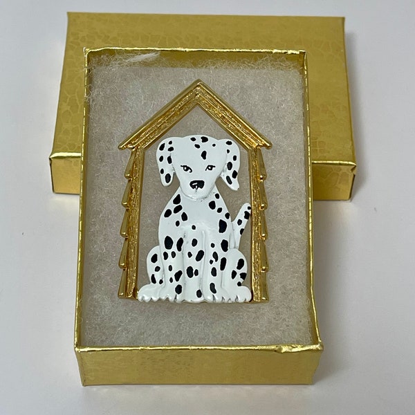 JJ Dalmatian in Dog House Brooch. Dog Lover Gift. Vintage Collectible JJ Jonette. Gift Boxed