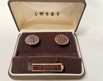 Swank Faux Leather Cufflinks and Tie Clip Set. Original Box