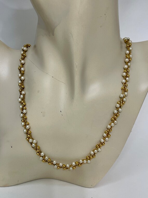 Vintage Trifari TM Woven Gold and Pearl 24” Neckl… - image 3