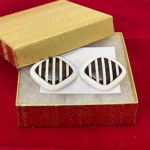 70s Mod Lucite Striped Geographic Studs. Black/White/Beige Retro Earrings