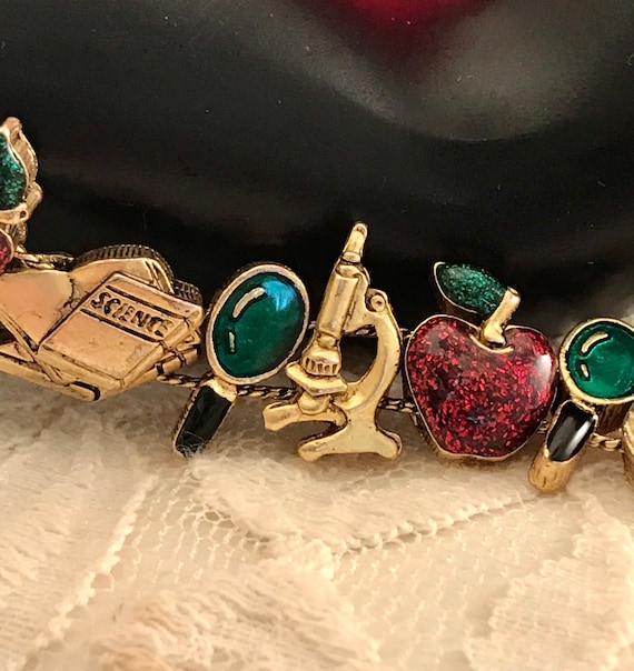 Science Teacher Charm Bracelet: Apple, Microscope, Books - Gold Tone View 2