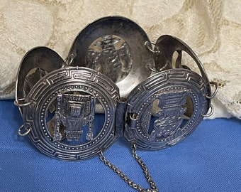 Vintage Peruvian Sterling Silver Panel Bracelet: Llama & Pre-Columbian Figures