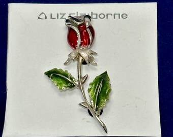 Broche fleur bouton de rose. Vintage signée Liz Claiborne. Carte d'origine. Coffret cadeau Fête des Mères