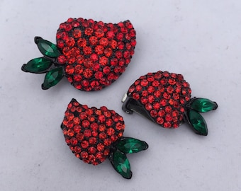 Strawberry Clip Earrings Brooch Set. Vintage  Red Ruby Rhinestone. Pave Jappaned Weiss Inspired. Collectible  Estate Jewelry. Christmas Gift