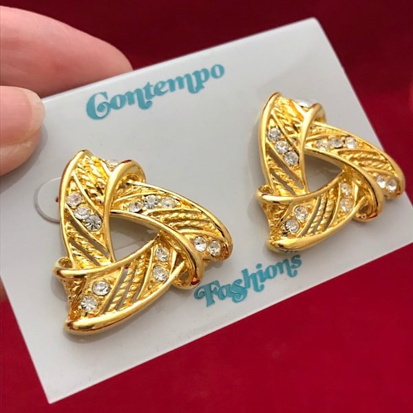 Contempo Fashions Earrings. Rhinestone on Gold Tone. Posts (studs) for Pierced Ears. Big 1980s Statement Glamour Wedding Jewelry