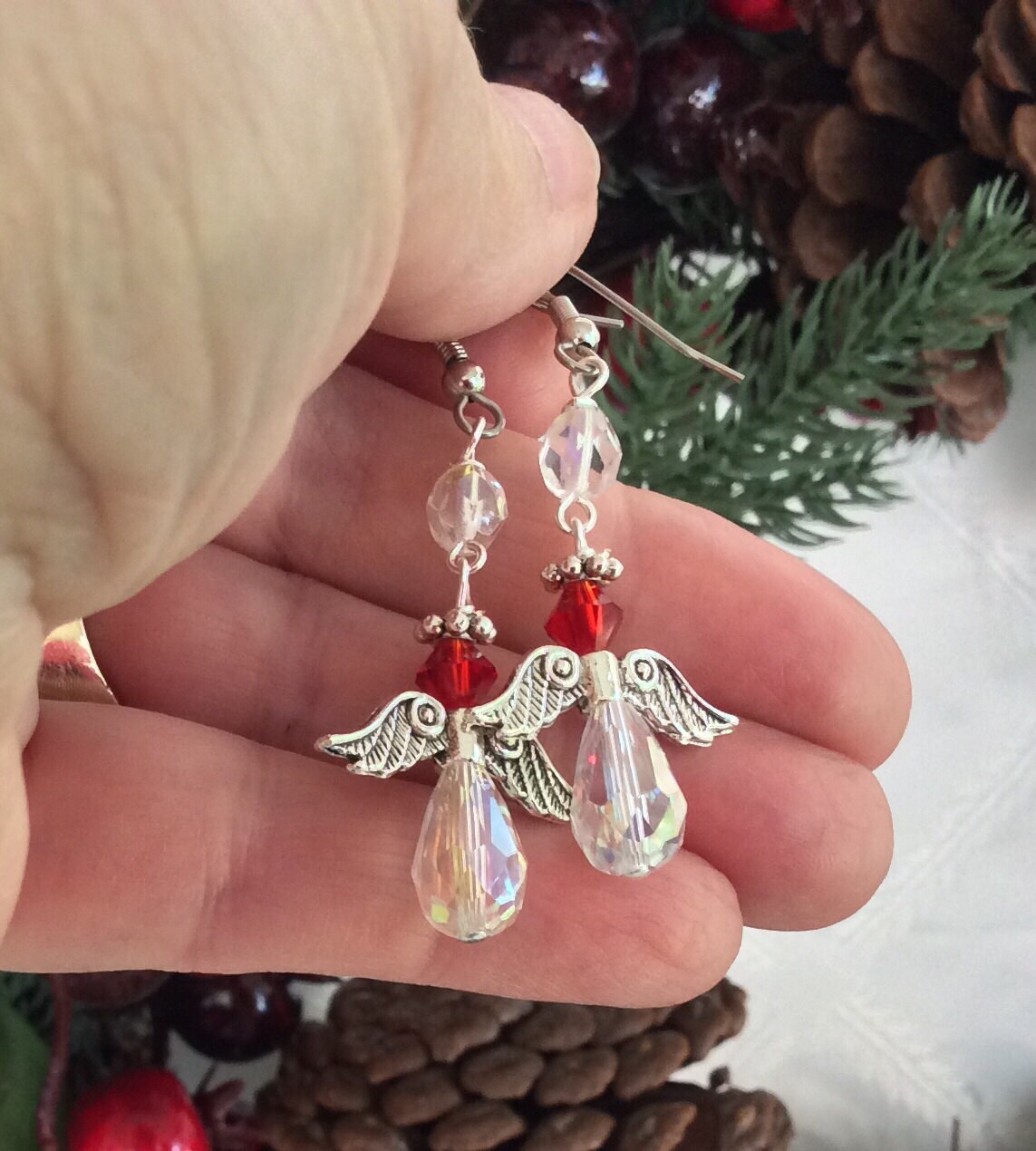 Angel Earrings. Red and Crystal Dangle. Christmas. Holiday. Etsy