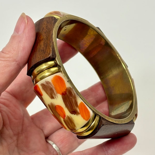 Large Wrist Bangle Bracelet. Wood Brass Acrylic. Brown & Orange. Bamboo Look. Boho Brutalist. 3" Diameter.  Mother's Day Gift Boxed