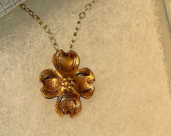 Vintage Copper Dogwood Flower Pendant on Fine 16” Silver Chain. Gift Boxed