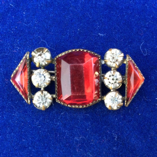 Antique Ruby Red Art Deco Brooch. Old C clasp Closure. Geometric 1930s Jewelry. Czech Jewelry. Collectible Estate. Mother's Day . Birthday