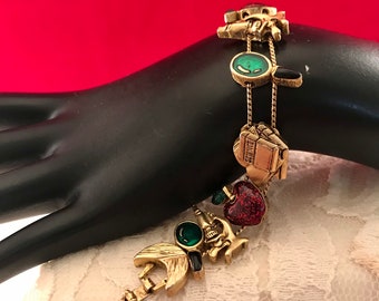 Science Teacher Charm Bracelet: Apple, Microscope, Books - Gold Tone