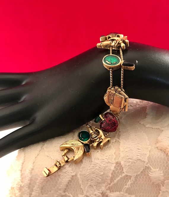 Science Teacher Charm Bracelet: Apple, Microscope, Books - Gold Tone